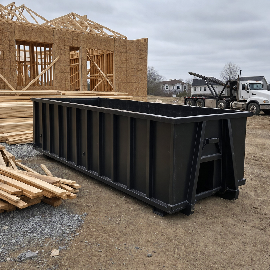 Matte-black 40-yard roll-off dumpster staged on a framed-out residential construction site in San Bernardino, framing lumber stacked nearby, hooklift delivery truck visible in the background under bright Colorado daylight