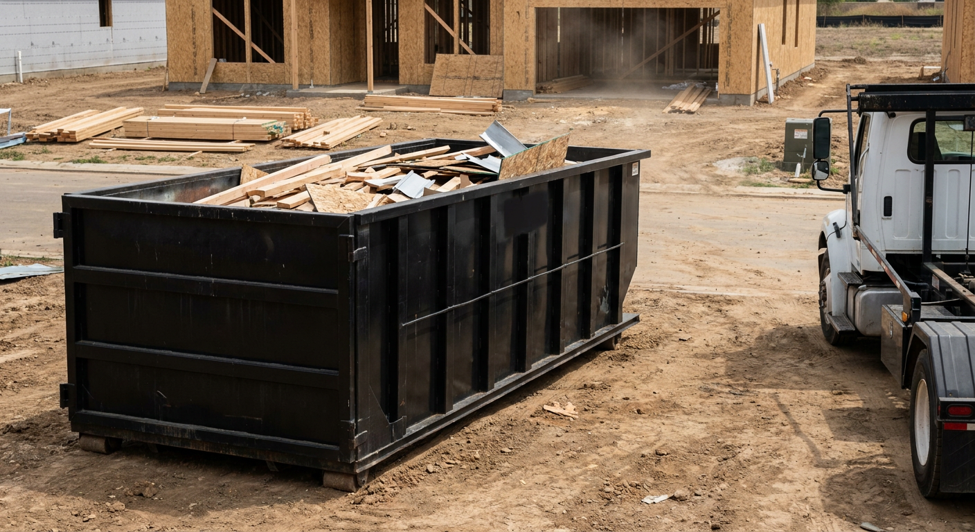 Matte-black 20-yard roll-off construction dumpster with heavy ribbed steel sidewalls and swing rear doors at a working jobsite in San Bernardino, sitting directly on compacted dirt with an unmarked white hauler partially visible at the far edge of the frame.