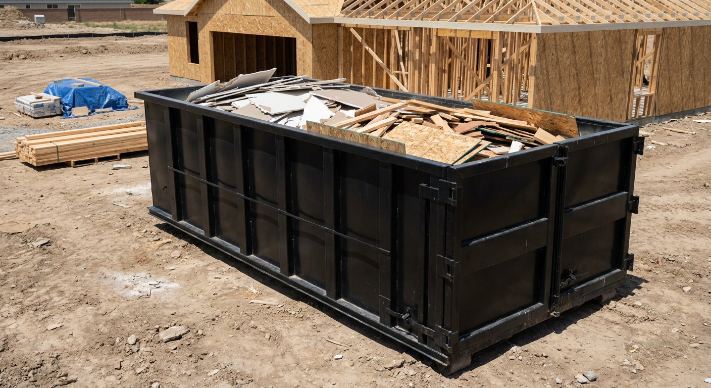 Matte-black 30-yard roll-off construction dumpster sitting directly on the compacted-dirt site of a framed single-family home build in San Bernardino, drywall and lumber scrap loaded inside.