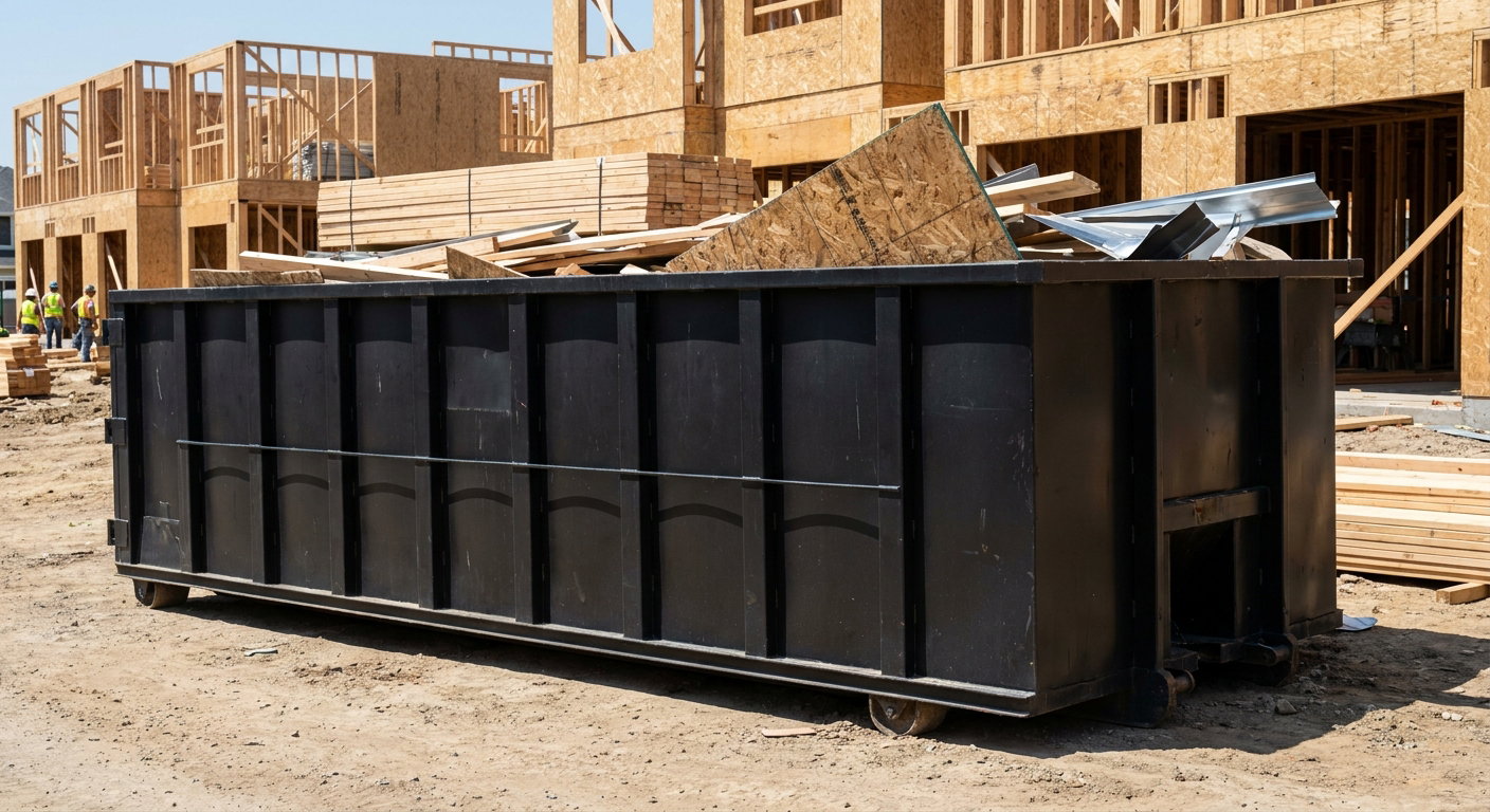 Matte-black 40-yard roll-off construction dumpster being lowered from a white-cab hooklift delivery truck onto the compacted-dirt jobsite at a commercial build site in San Bernardino