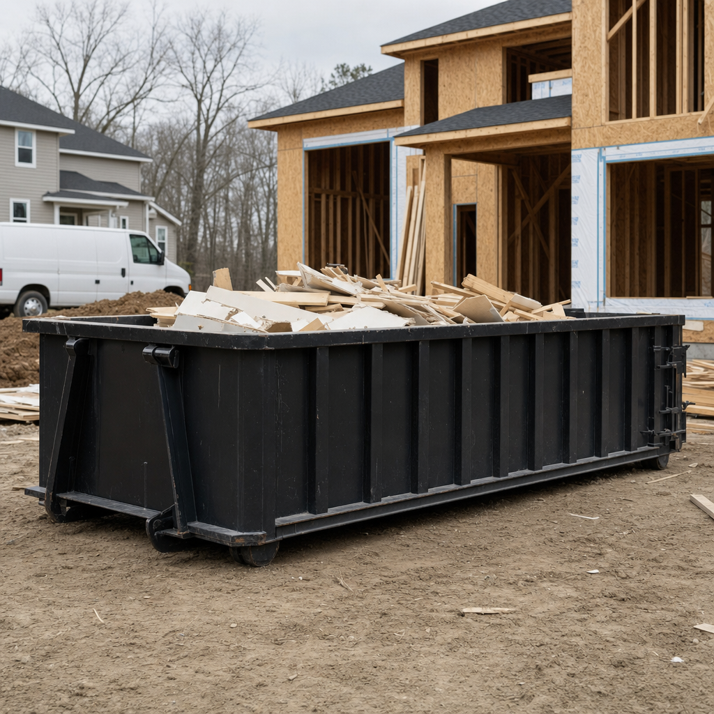 Worker in a yellow high-visibility vest tossing framing lumber and broken drywall into a matte-black 30-yard construction roll-off dumpster on an active build site in San Bernardino, bright daylight