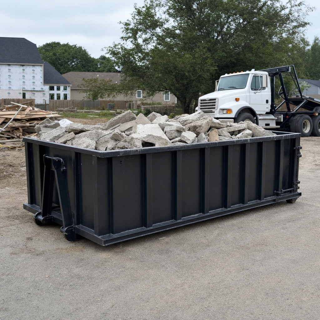 Low-profile matte-black lowboy roll-off dumpster loaded with broken concrete slab and rebar at a foundation tear-out in San Bernardino, skid steer parked beside it, sunny Colorado morning