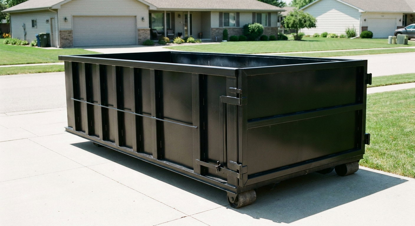 Matte-black 10-yard roll-off dumpster on a residential concrete driveway in San Bernardino, uniformly painted matte black across every panel and rail, ribbed steel sidewalls and rear swing door visible, mid-day daylight.