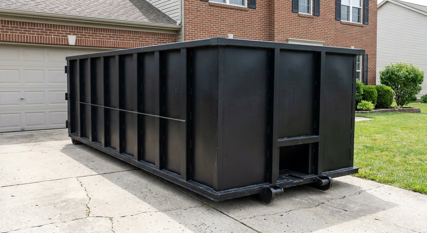Matte-black 20-yard roll-off container on a San Bernardino residential concrete driveway with reinforced ribbed steel sidewalls and a hinged rear walk-in door, clean bright daylight.