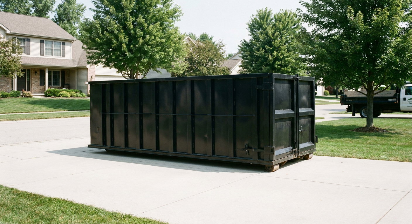 Matte-black 20-yard roll-off dumpster sitting level on a clean San Bernardino residential concrete driveway under bright daylight, demonstrating clean placement directly on the concrete.
