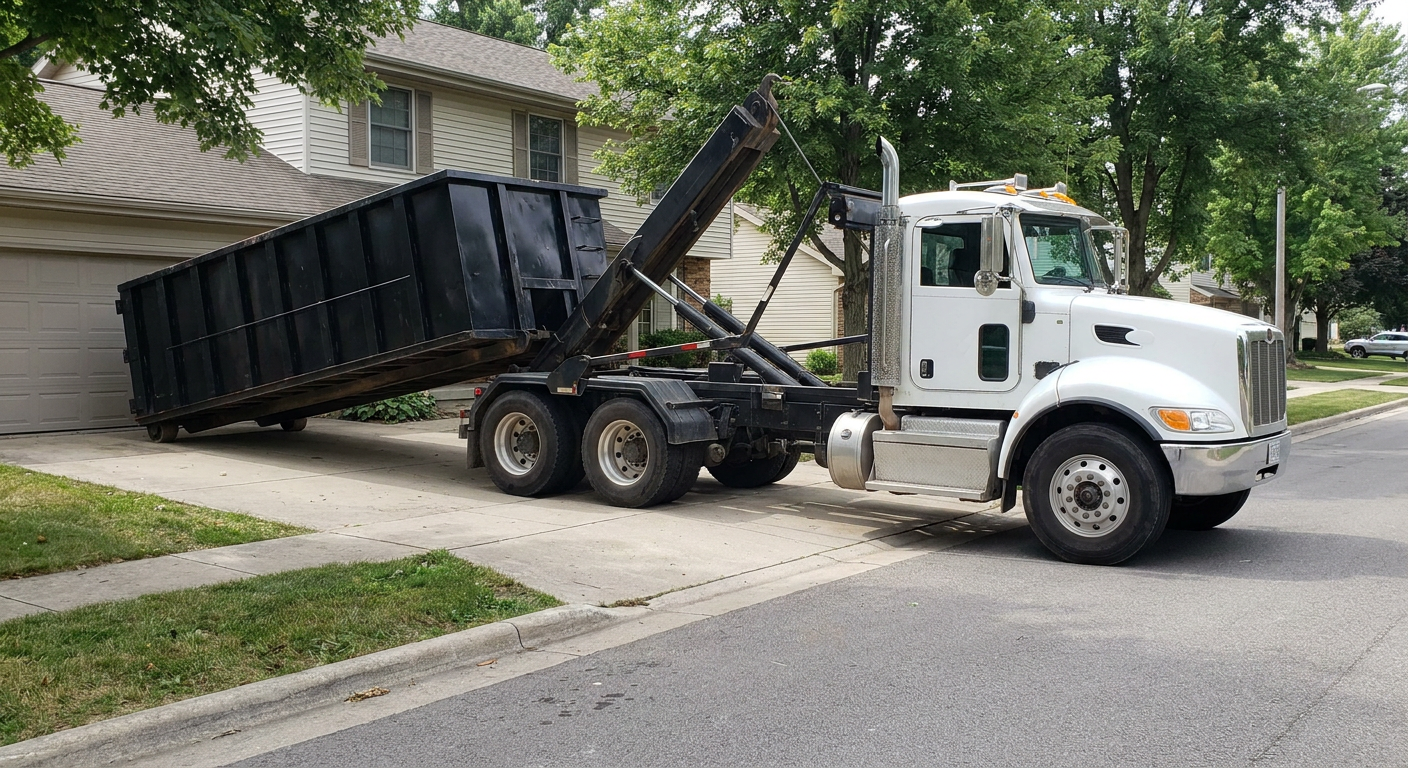 White-cab hooklift roll-off truck actively lowering a matte-black dumpster onto a San Bernardino residential concrete driveway, the dumpster's rear wheels touching the driveway as the hoist arm tilts the bed forward, mid-morning daylight.