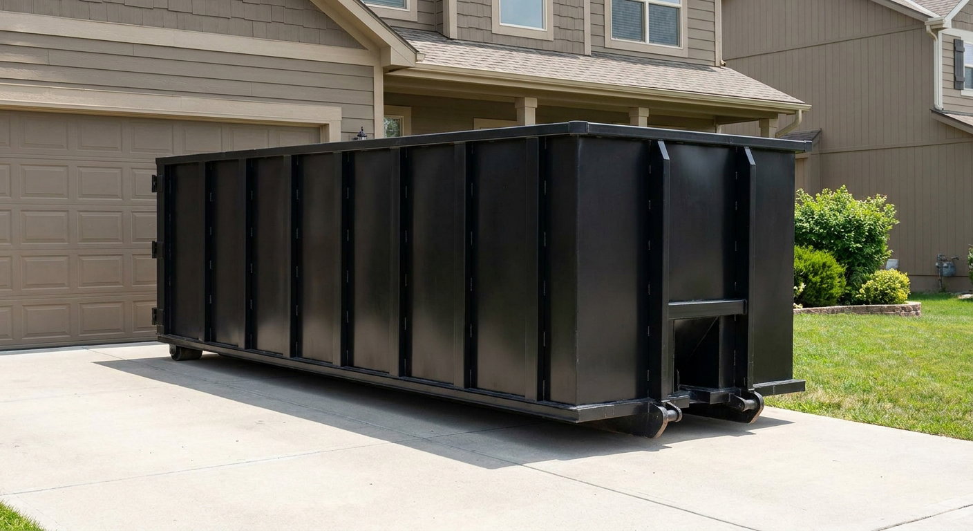 Matte-black residential roll-off dumpster sitting directly on a suburban San Bernardino concrete driveway, garage door closed, single-family home in background, bright morning daylight.