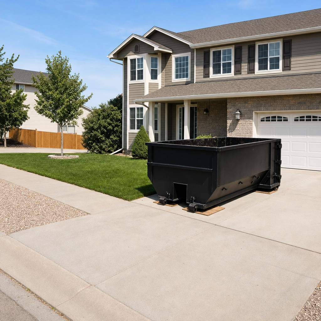 10-yard matte-black residential dumpster placed directly on a narrow San Bernardino concrete driveway, room remains for a parked sedan beside it, mid-morning natural light