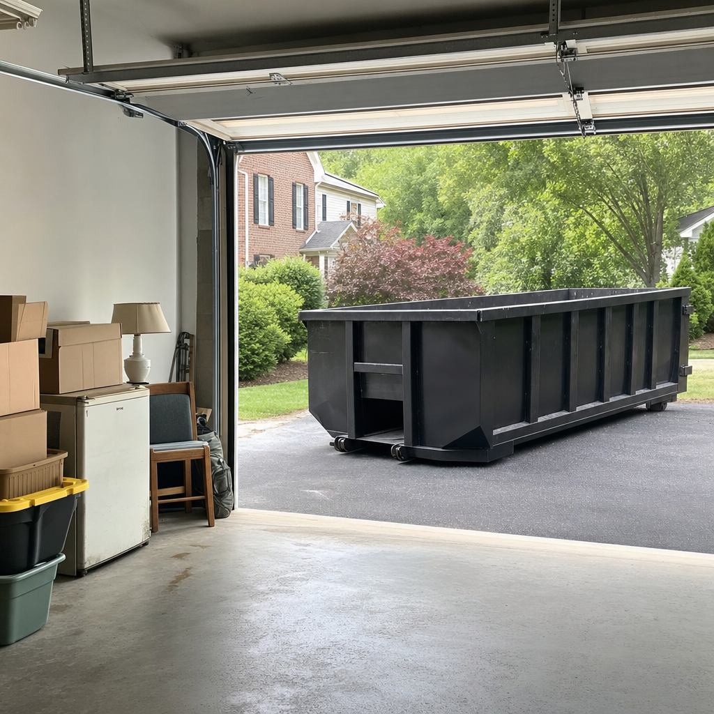 Open garage interior in a San Bernardino home mid-cleanout — boxed items, an old appliance, and stacked yard tools queued near the driveway for a matte-black roll-off dumpster, organized and calm