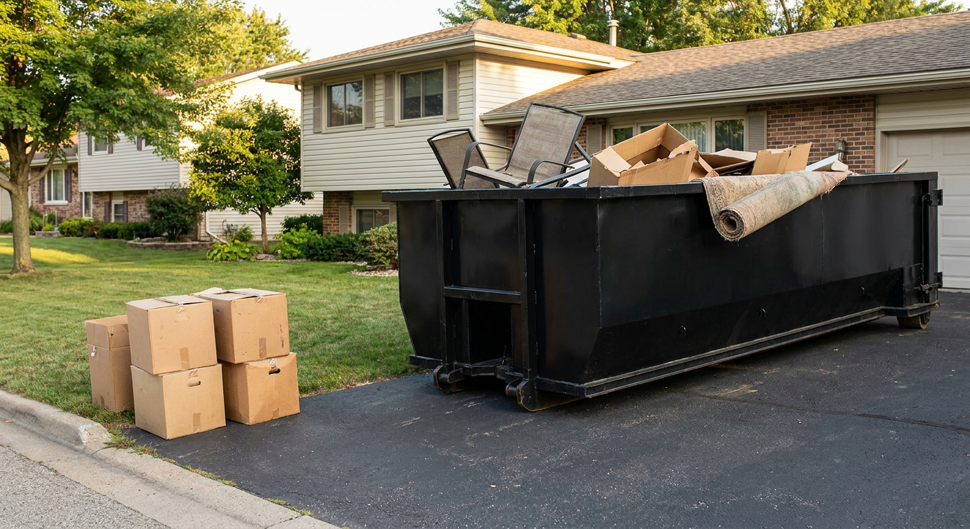 Front-yard view of a San Bernardino split-level home with a 20-yard matte-black roll-off dumpster sitting directly on the asphalt driveway, a few clearly labeled donation boxes staged at the curb, calm sunny afternoon.