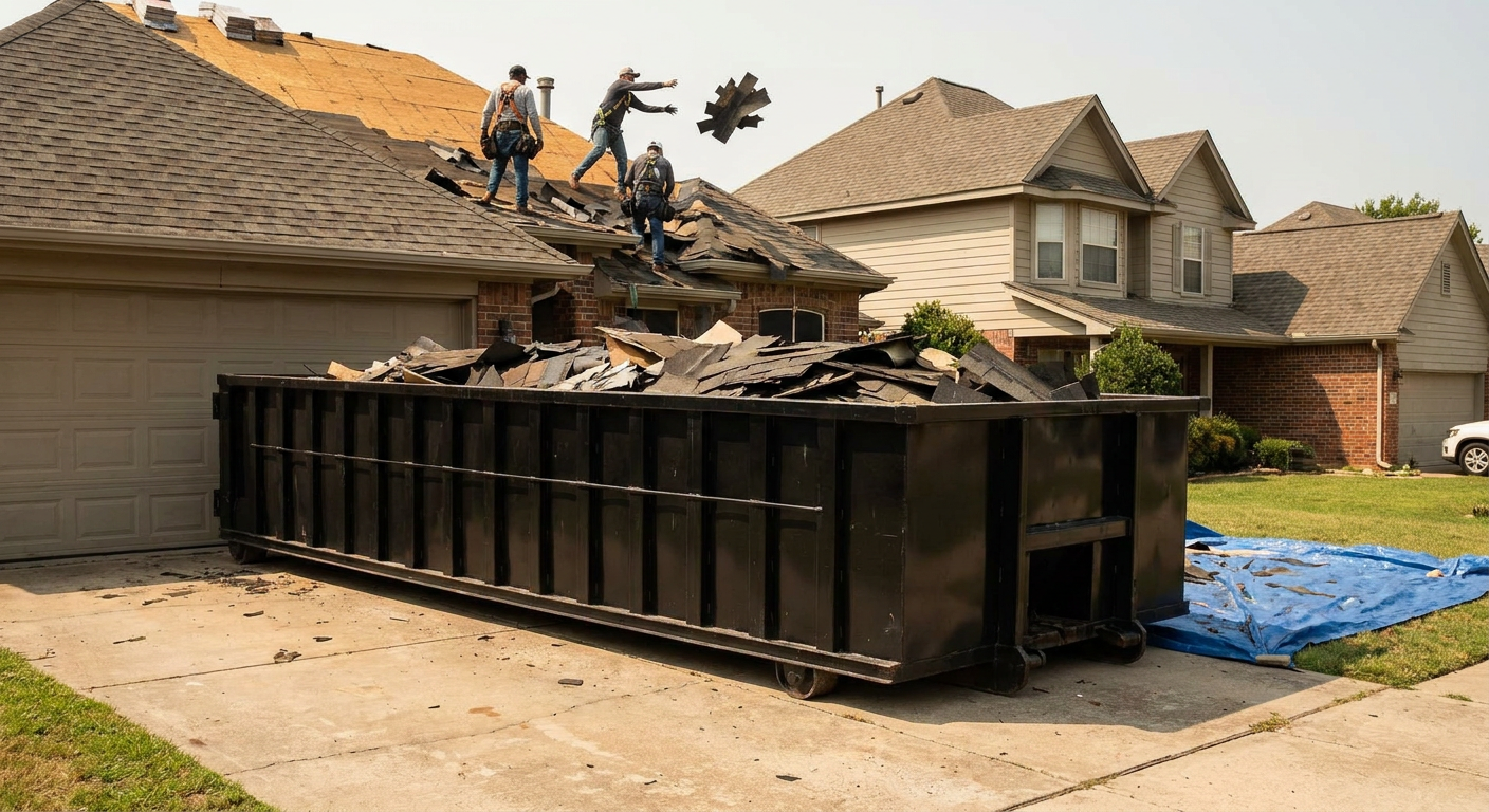 Matte-black roofing roll-off dumpster placed directly on a San Bernardino residential concrete driveway, a tear-off crew on a two-story asphalt-shingle roof tossing shingle bundles into the low-walled container, bright daylight, documentary 35mm perspective.