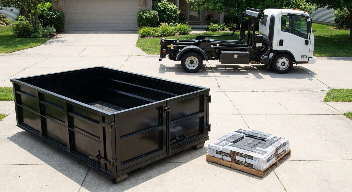 Matte-black 15-yard roofing roll-off dumpster with reinforced low side walls sitting directly on a San Bernardino residential concrete driveway, three-tab asphalt shingle bundles stacked nearby, an unmarked white hauler truck partially visible at the edge of the frame.
