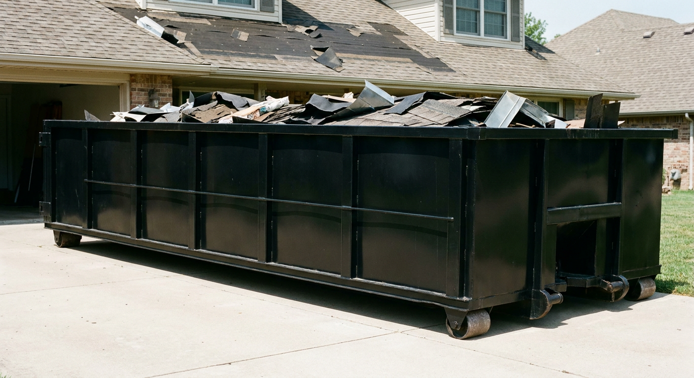 Matte-black 20-yard roofing roll-off dumpster with steel ribbed sides and swinging rear door, sitting directly on the concrete driveway of a two-story San Bernardino home, asphalt shingle debris being loaded over the low wall, clean documentary lighting.