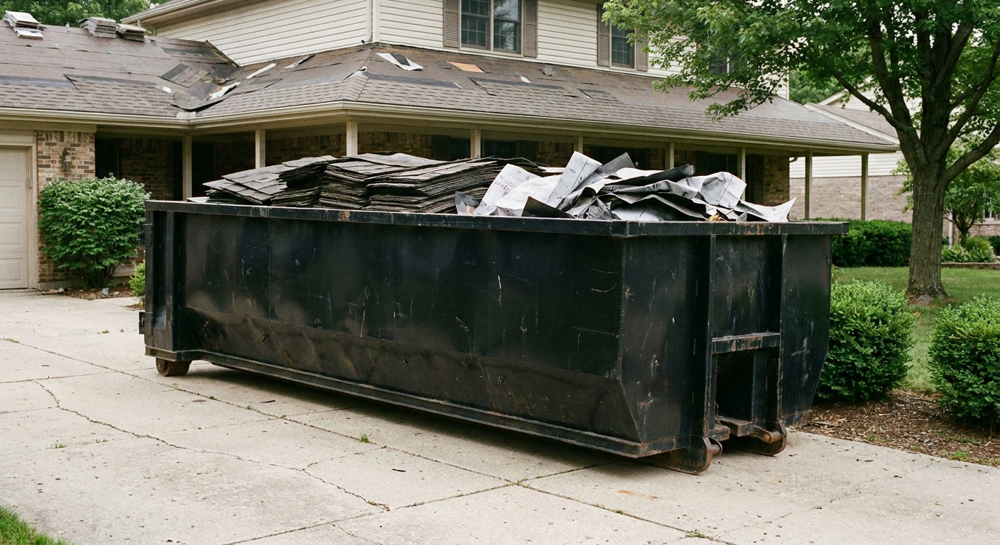 Matte-black 30-yard roofing roll-off dumpster sitting directly on a San Bernardino concrete driveway, taller ribbed steel side panels, mixed tear-off debris of asphalt shingles and underlayment inside, professional documentary daylight.