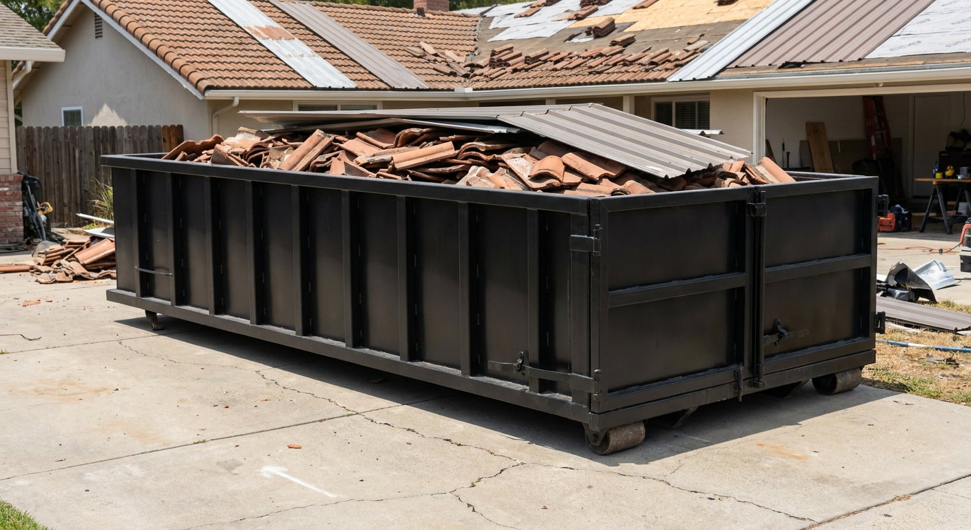 Matte-black low-wall heavy-debris roofing roll-off dumpster sitting directly on a San Bernardino concrete driveway, broken concrete clay roof tiles and metal panel sections loaded inside, reinforced ribbed steel side walls visible, bright outdoor daylight.