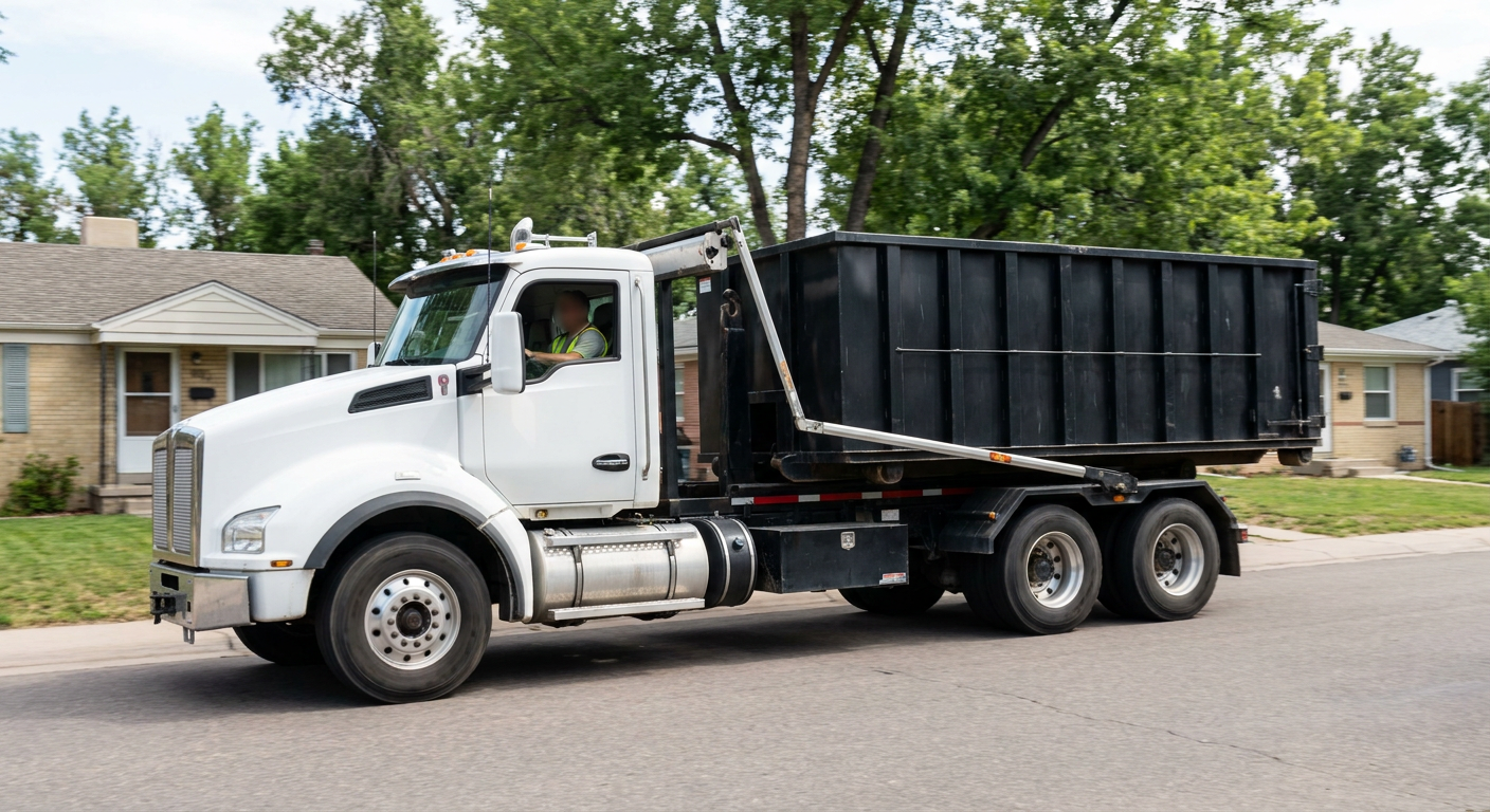 A wide documentary shot of a matte-black roll-off delivery truck pulling onto a quiet San Bernardino residential street at mid-morning, with neighborhood rooftops and tree-lined blocks visible behind, showing the metro coverage footprint.