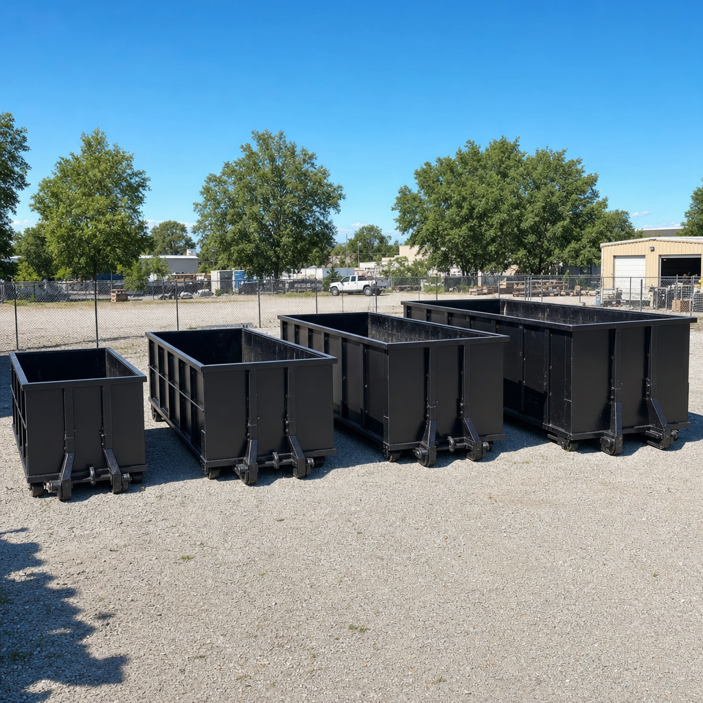 A clean lineup of matte-black roll-off dumpsters in 10, 20, 30, and 40-yard sizes staged on a sunlit gravel yard in San Bernardino, showing the size progression from compact to commercial-scale containers.