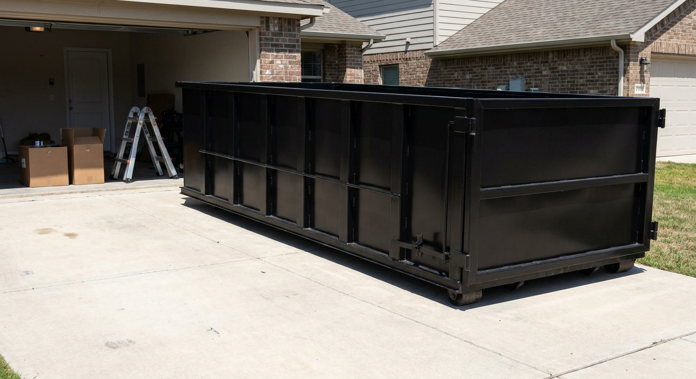 A matte-black 10-yard roll-off dumpster sitting directly on a residential San Bernardino concrete driveway, mid-day sunlight, clean and ready for a garage cleanout.