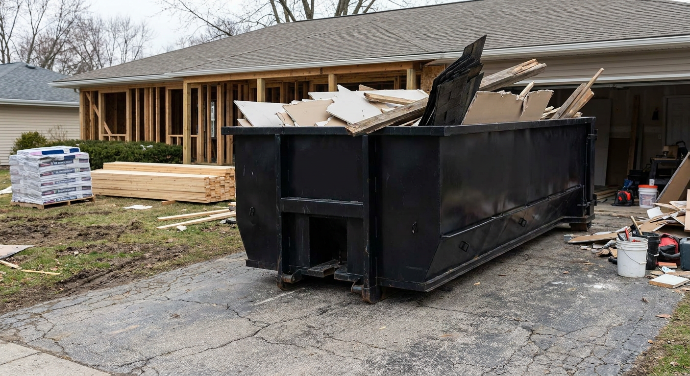A matte-black 20-yard roll-off dumpster placed alongside a mid-renovation San Bernardino home directly on the asphalt driveway, with framing materials and torn-off shingles staged neatly nearby.