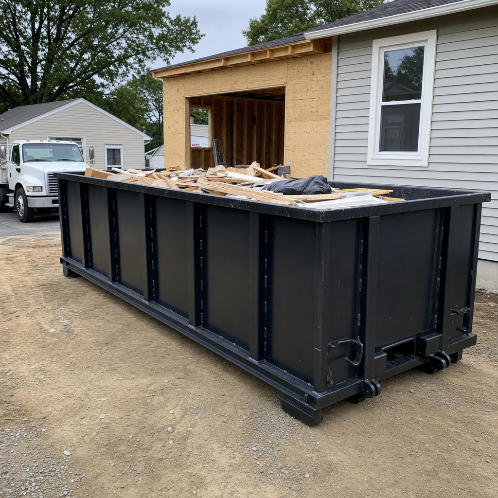 A matte-black 30-yard roll-off dumpster positioned at a San Bernardino residential addition jobsite, with framing lumber and drywall scraps loaded through the open swinging rear doors.