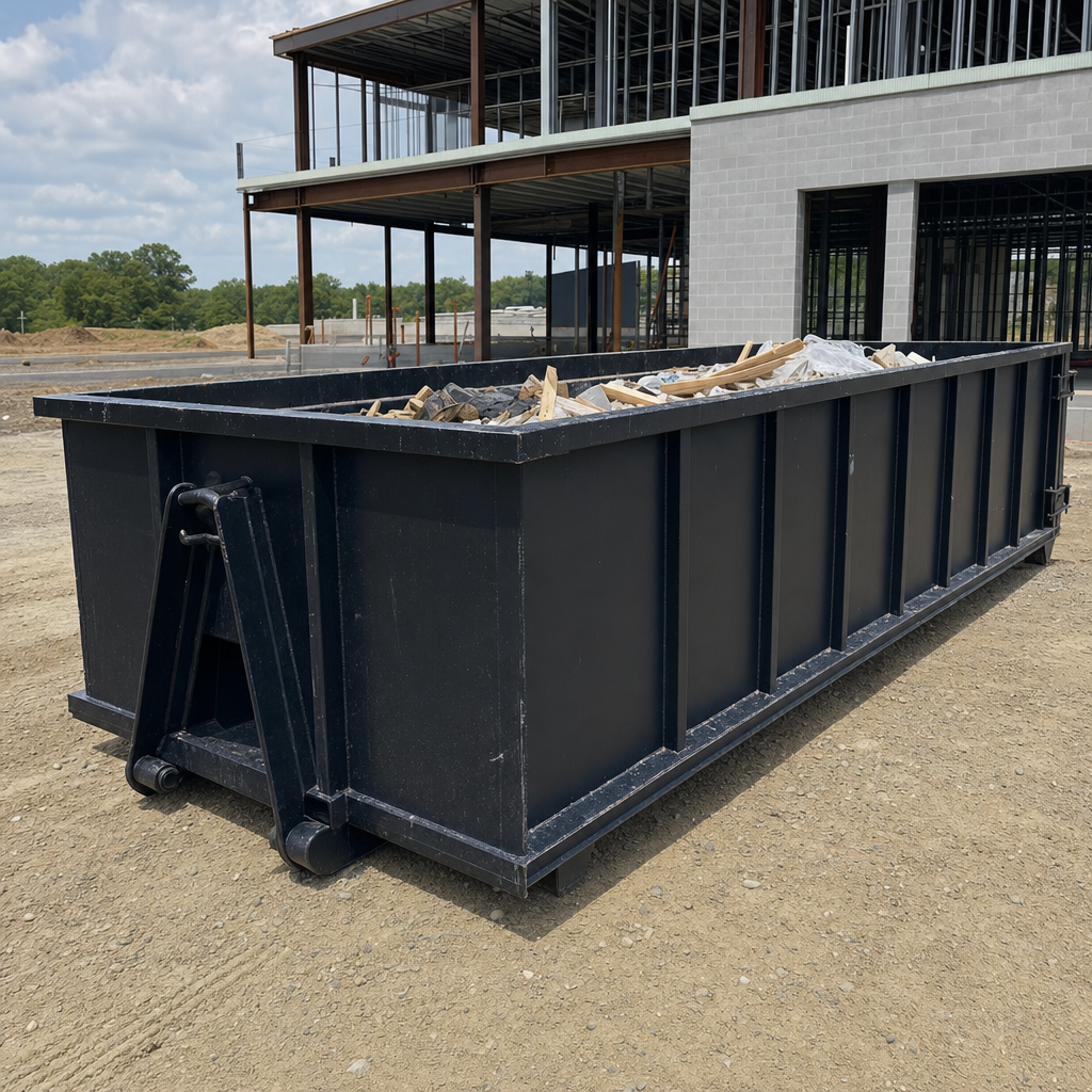 A matte-black 40-yard roll-off dumpster staged on a large San Bernardino commercial construction lot, with a hooklift delivery truck parked alongside under bright midday sky.