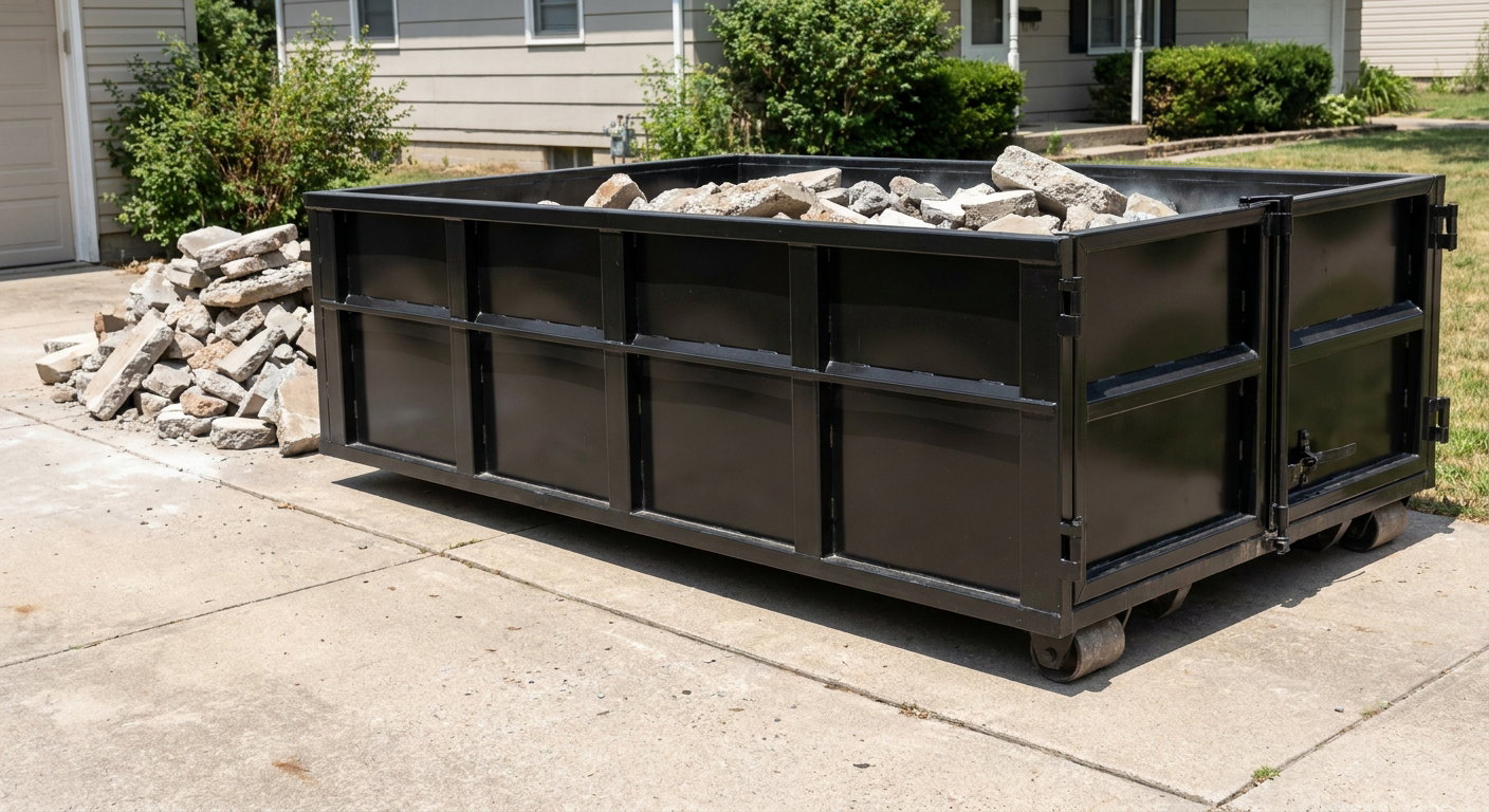 A matte-black low-side heavy-debris roll-off dumpster placed directly on a San Bernardino concrete driveway, with broken concrete chunks neatly stacked beside it under clean daylight.